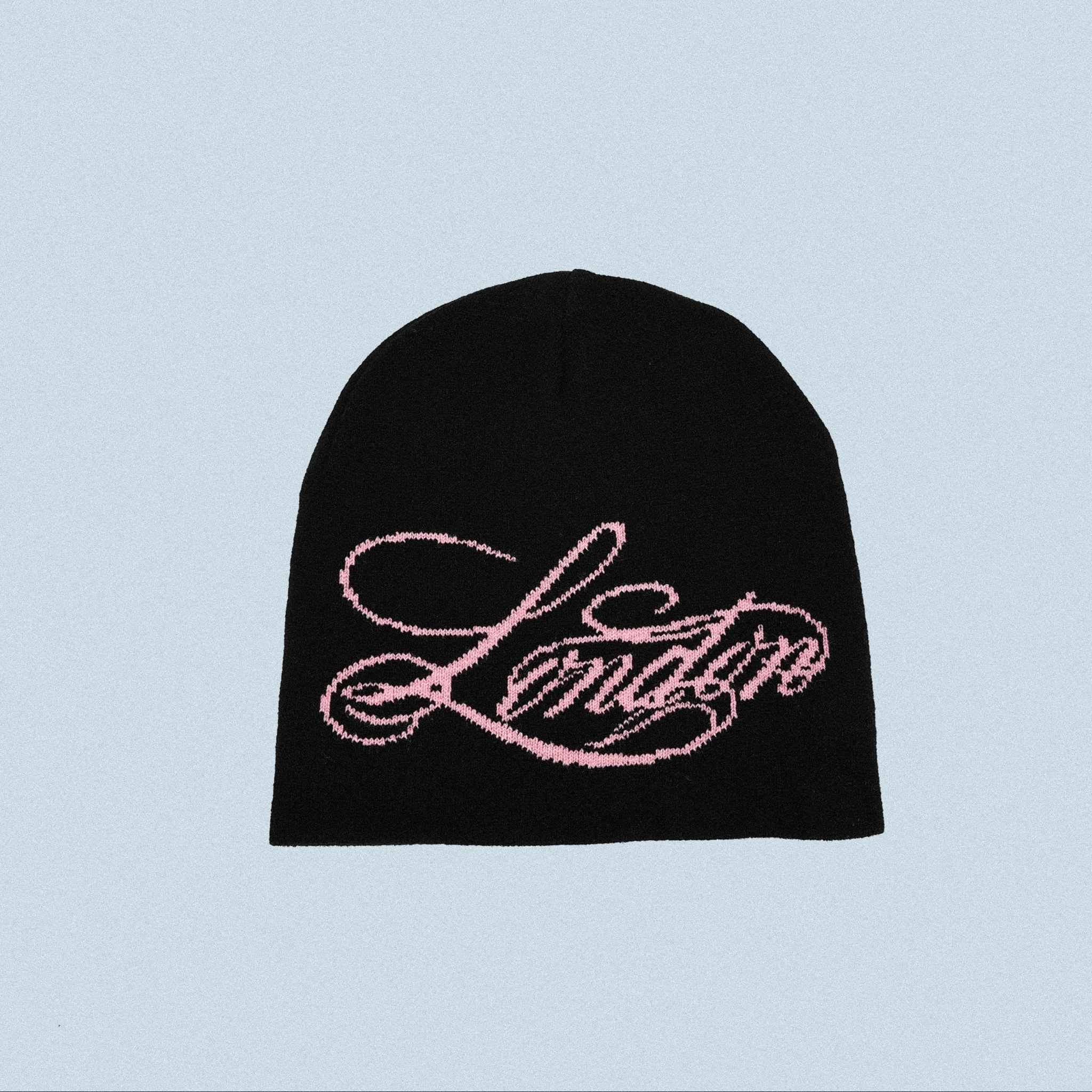 Script Beanie – Black Knit Hat with Pink Embroidered Script | Streetwear Winter Beanie