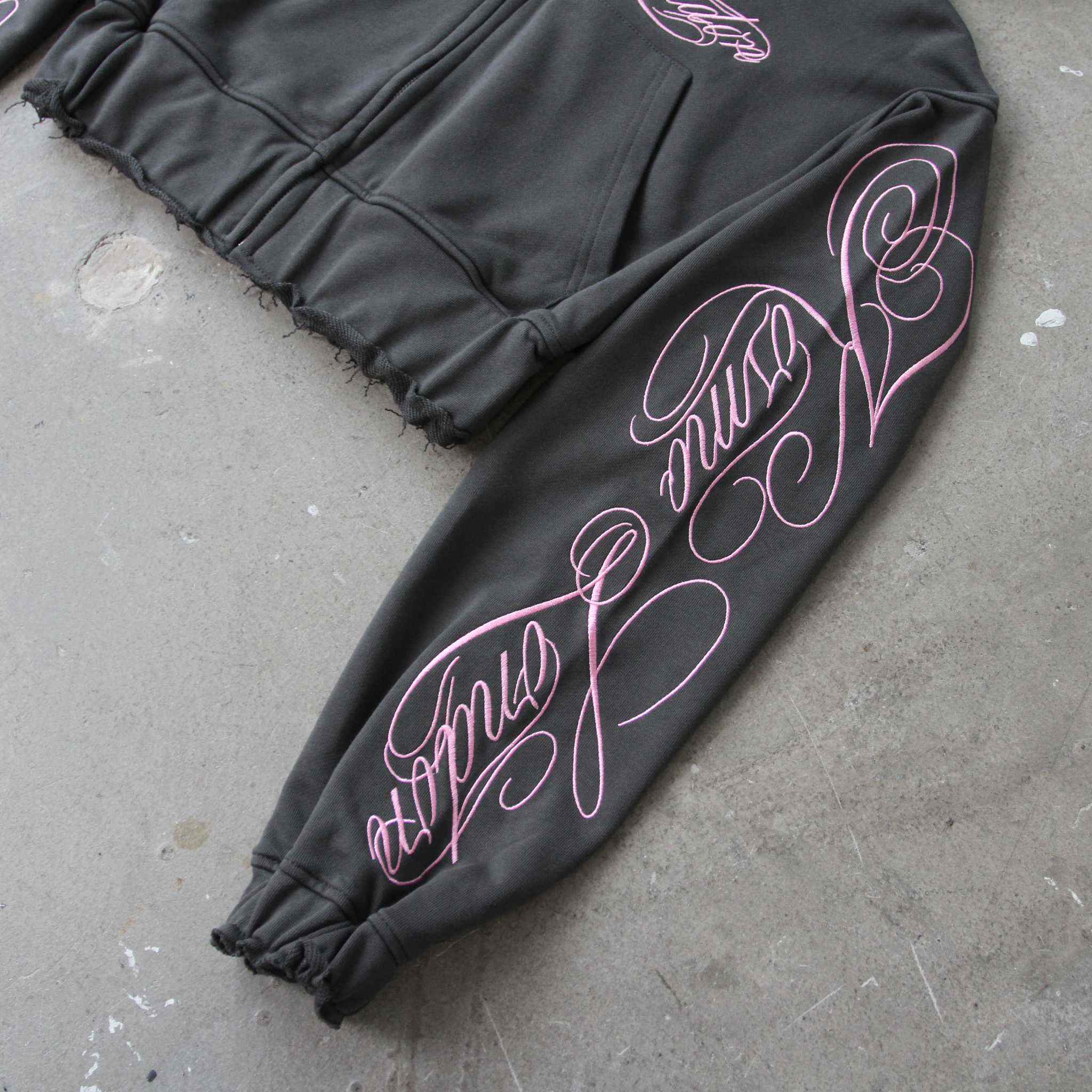 InkFlow - Grey Cropped Zip-Up Hoodie With Calligraphy Script Embroidery / Distressed Edges