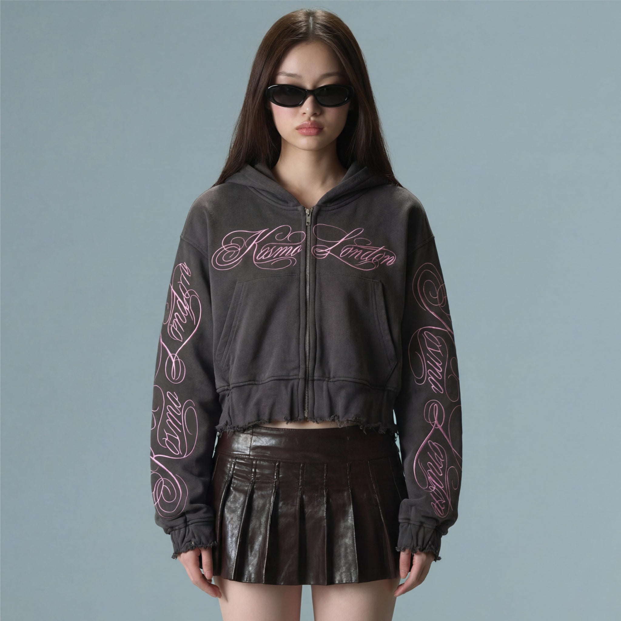 InkFlow - Grey Cropped Zip-Up Hoodie With Calligraphy Script Embroidery / Distressed Edges