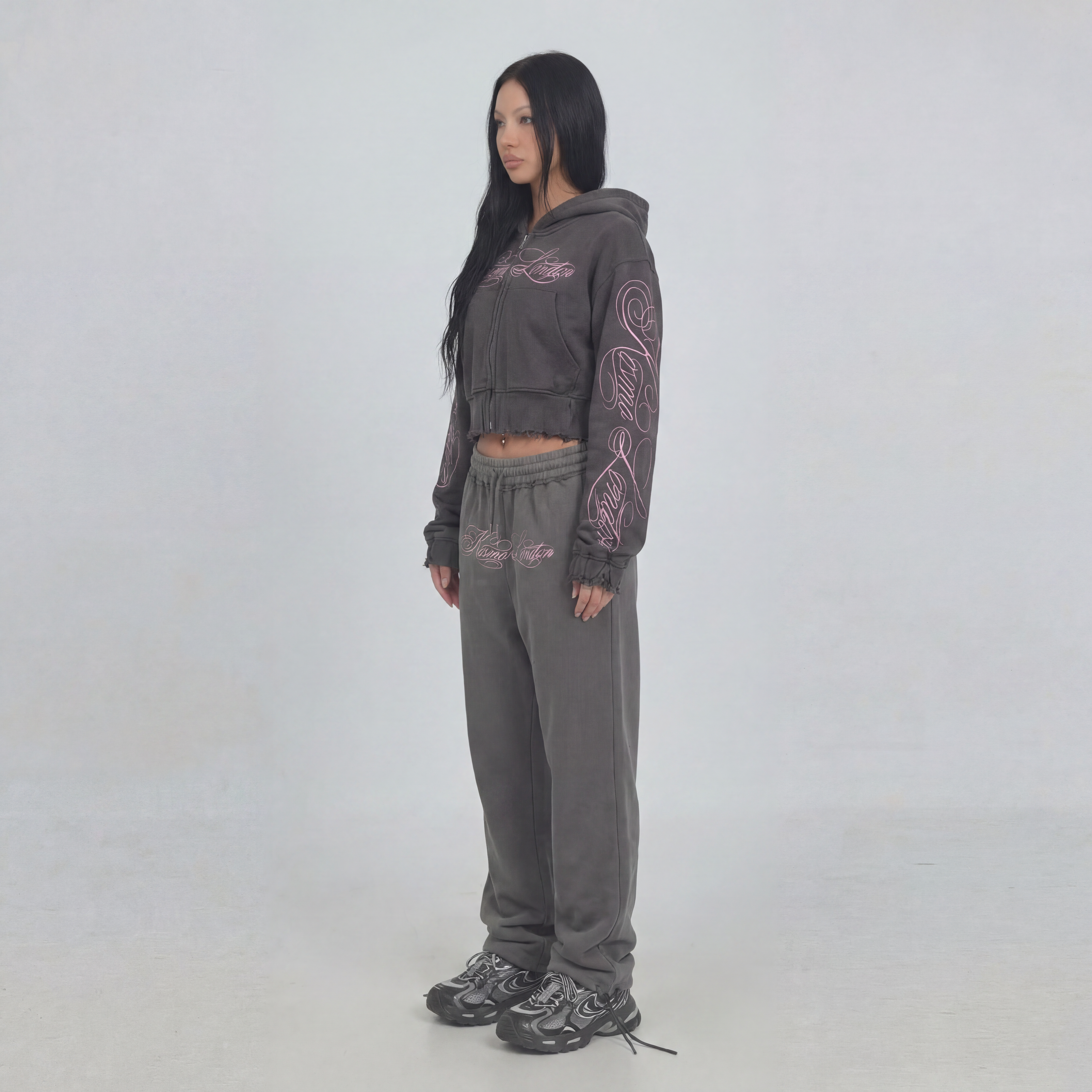 Inkflow - Grey Tracksuit Set With Calligraphy Script Embroidery / Distressed Edges