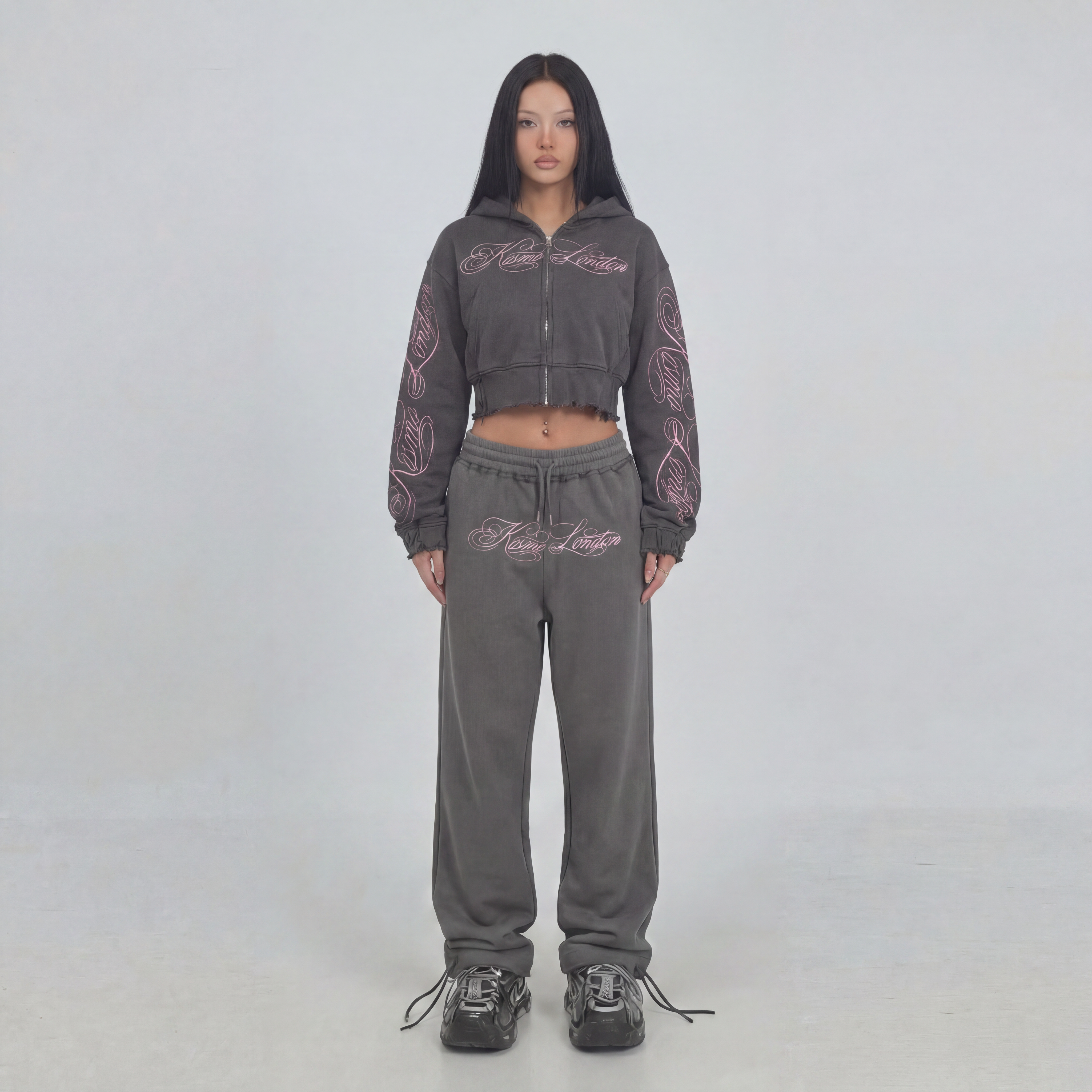 Inkflow - Grey Tracksuit Set With Calligraphy Script Embroidery / Distressed Edges