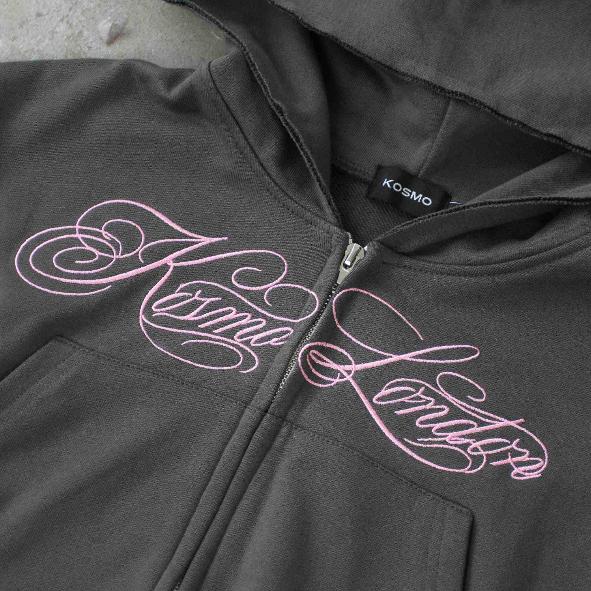 InkFlow - Grey Cropped Zip-Up Hoodie With Calligraphy Script Embroidery / Distressed Edges