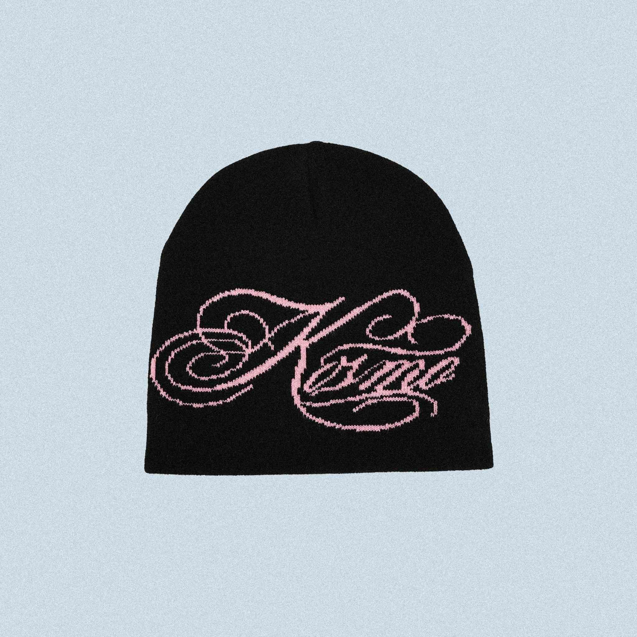 Script Beanie – Black Knit Hat with Pink Embroidered Script | Streetwear Winter Beanie