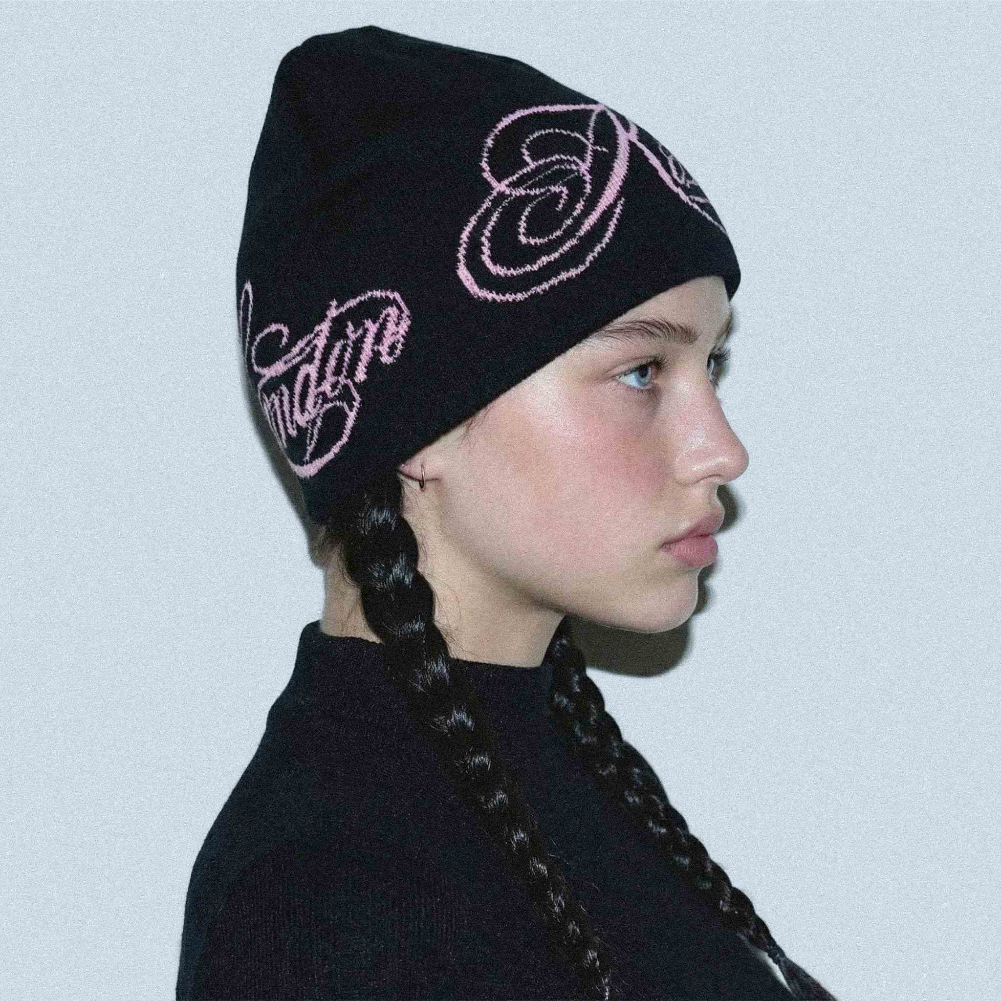 Script Beanie – Black Knit Hat with Pink Embroidered Script | Streetwear Winter Beanie
