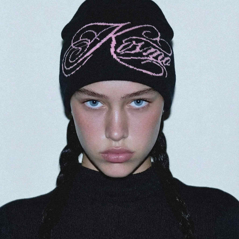 Script Beanie – Black Knit Hat with Pink Embroidered Script | Streetwear Winter Beanie