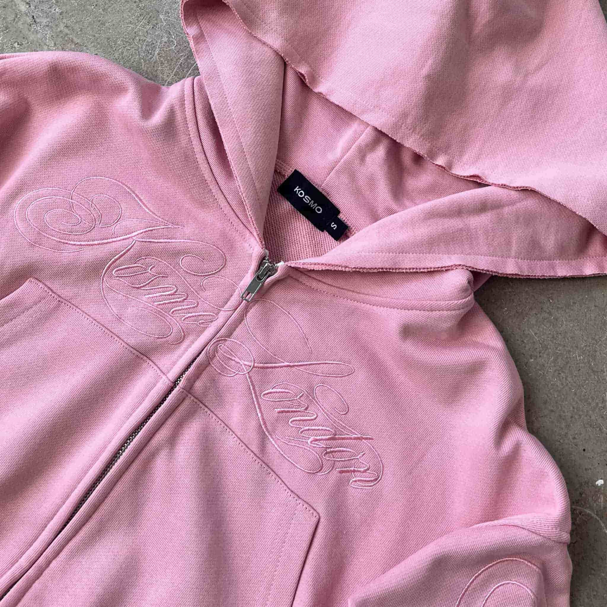 Inkflow - Pink Cropped Zip-Up Hoodie With Calligraphy Script Embroidery / Distressed Edges