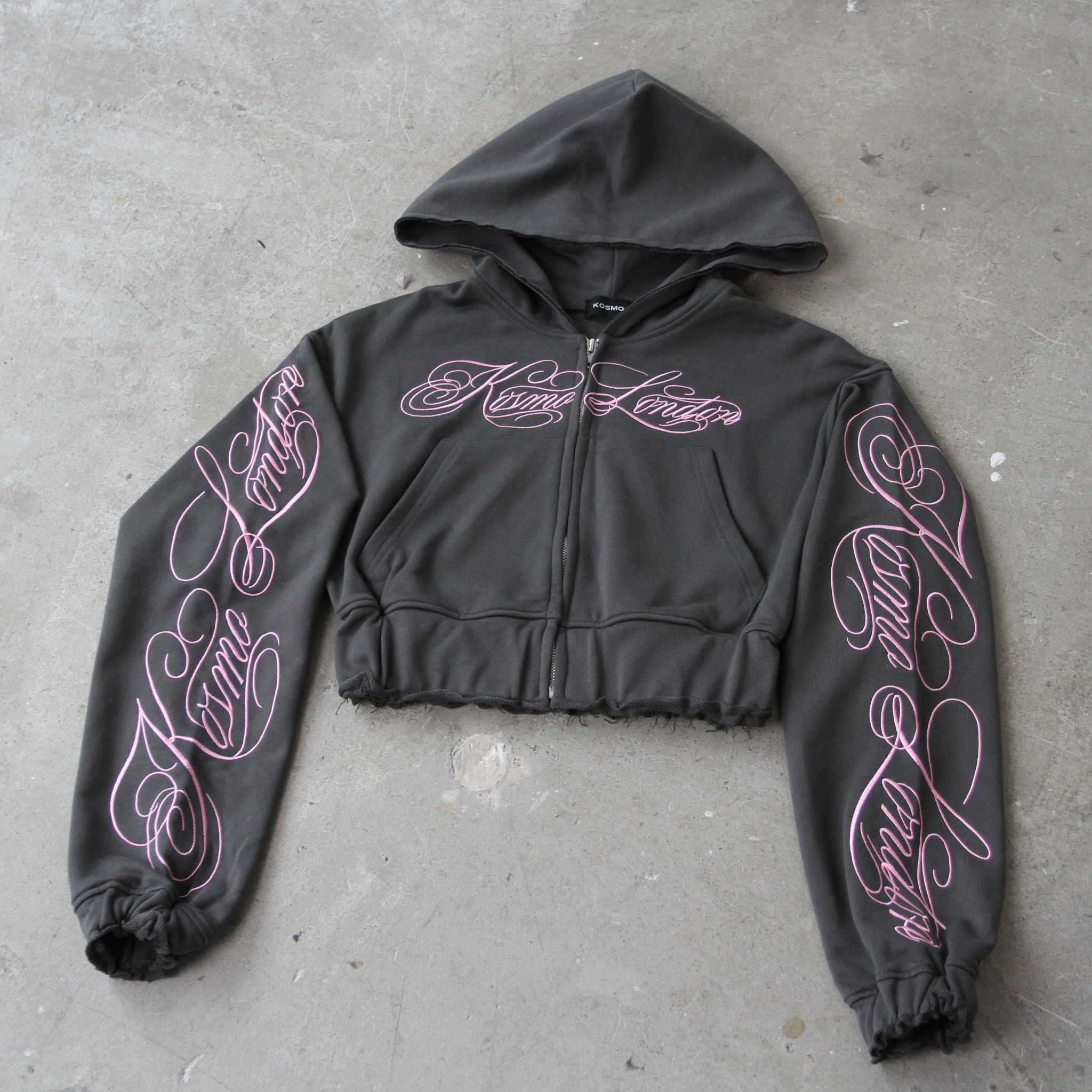 InkFlow - Grey Cropped Zip-Up Hoodie With Calligraphy Script Embroidery / Distressed Edges