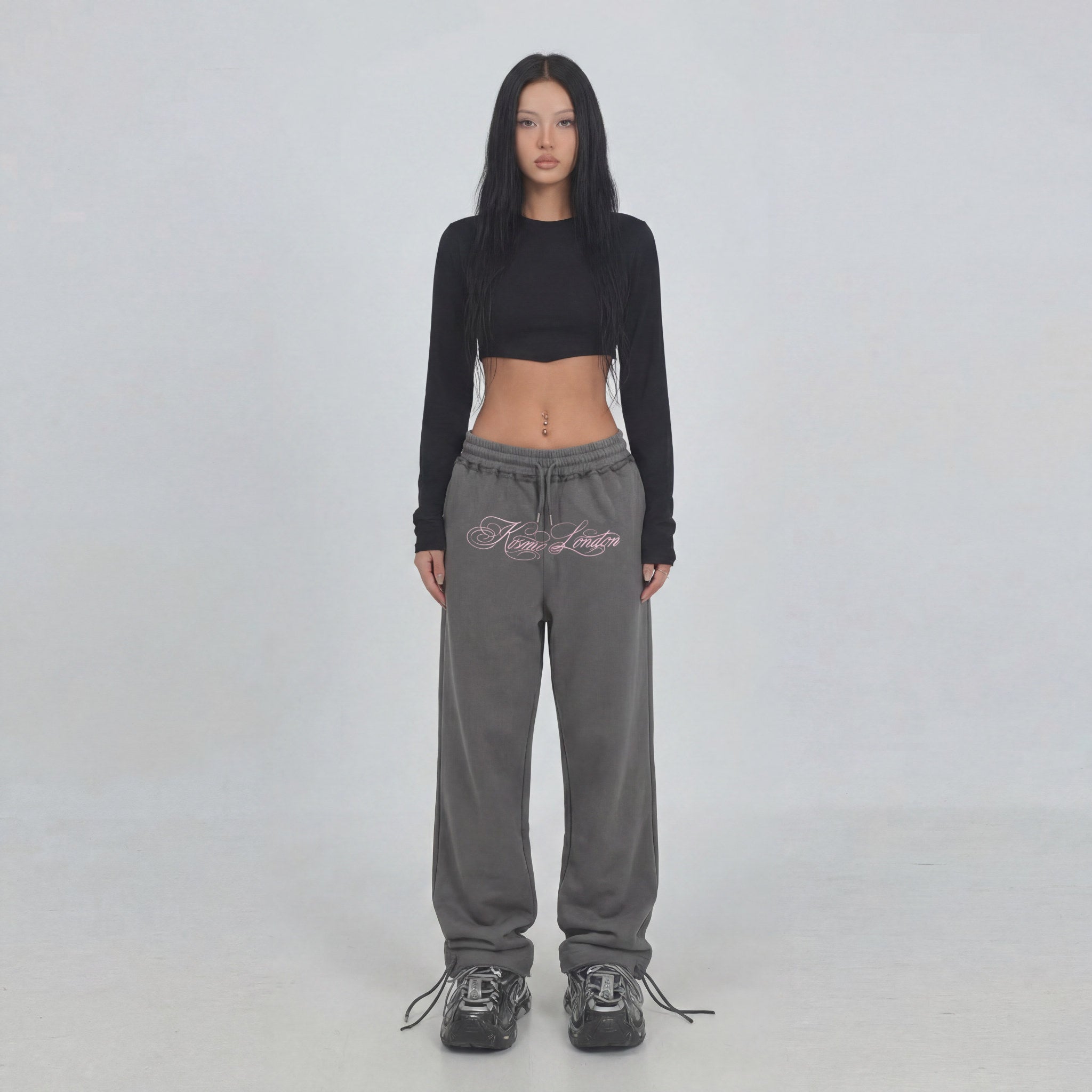 Inkflow - Grey Straight Leg tracksuit Bottoms With Calligraphy Script Embroidery / Distressed Edges