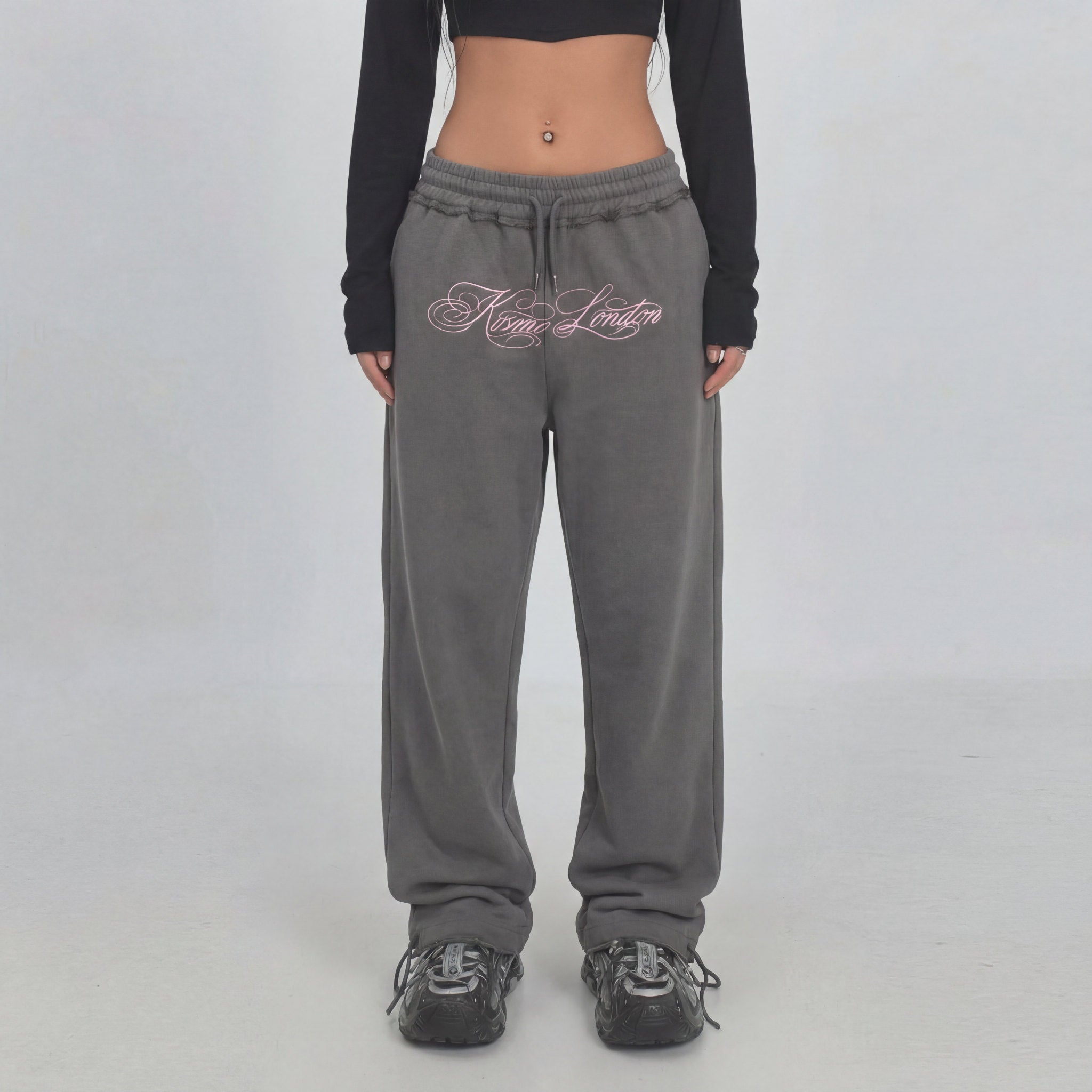 Inkflow - Grey Straight Leg tracksuit Bottoms With Calligraphy Script Embroidery / Distressed Edges