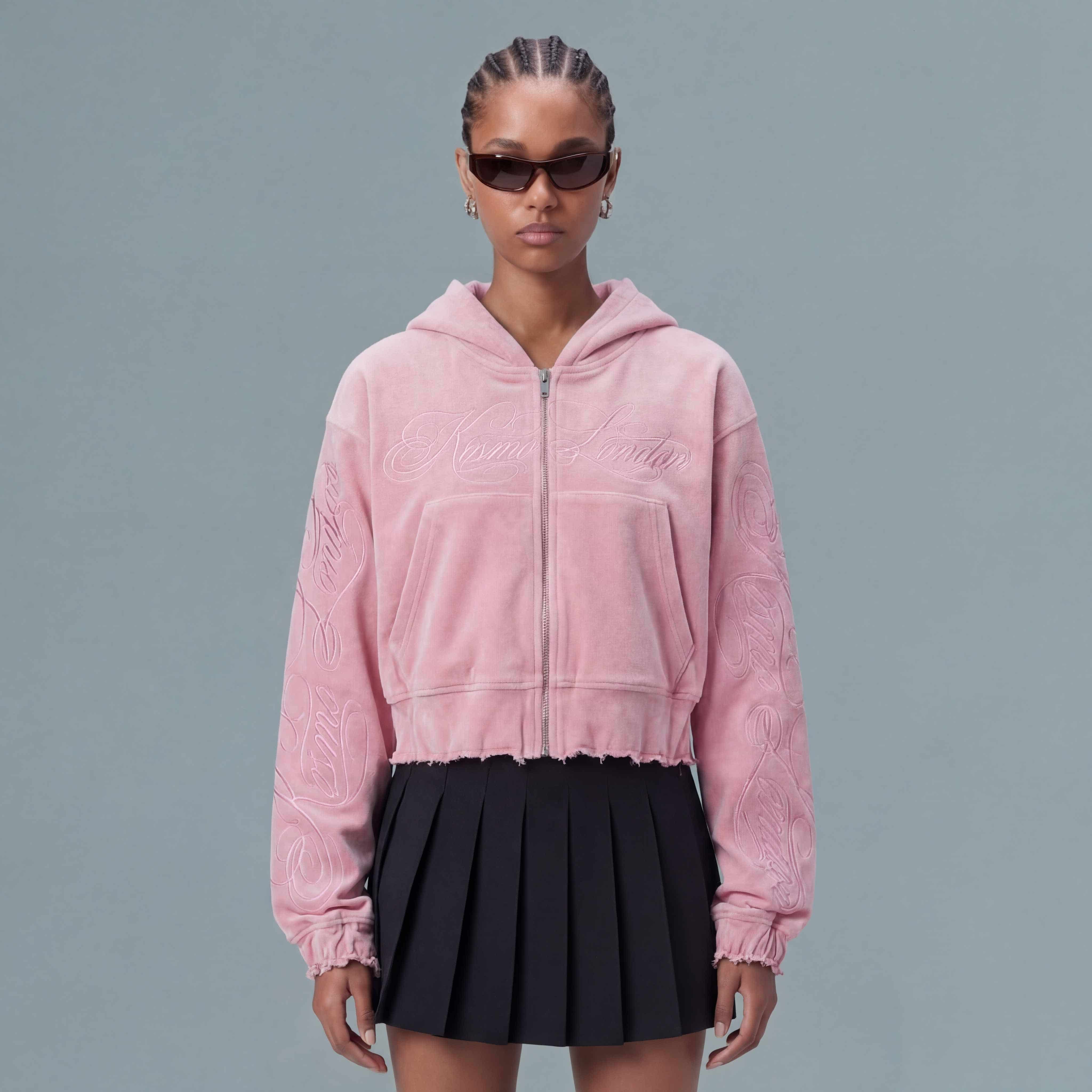 Inkflow - Pink Cropped Zip-Up Hoodie With Calligraphy Script Embroidery / Distressed Edges